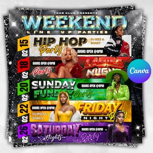 Puede incluir: Un folleto promocional para un fin de semana de fiestas. El diseño presenta un fondo plateado y negro con la palabra "WEEKEND" en letras turquesas grandes. El folleto enumera varios temas de fiesta, incluyendo "Hip Hop Party" y "Ladies Night".