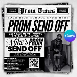 Op de afbeelding: Zwart-wit prom send-off uitnodiging ontworpen als een krant. De kop luidt "Prom Times" en "Prom Send Off". Details omvatten locatie, datum, tijd en dresscode. Een QR-code is inbegrepen voor aanwezigheidsbevestiging.