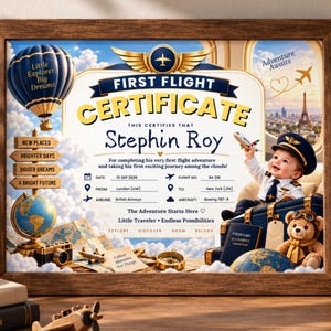 May include: A framed First Flight Certificate for Stephin Roy featuring a hot air balloon, a globe, a teddy bear, and a baby in a pilot hat. The text includes details like date 15 SEP 2026, flight BA 210 from London to New York, and the phrase Adventure Awaits.