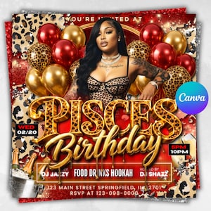 Puede incluir: Invitación a una fiesta de cumpleaños de Piscis con una mujer con un top con estampado de leopardo. La invitación presenta globos dorados y rojos, letras doradas y el texto "FOOD DRINKS HOOKAH". La fecha es el 20 de febrero, con horarios de 17:00 y 22:00.
