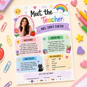 May include: A Meet the Teacher flyer for Mrs. Emily Carter featuring a photo, rainbow, sun, and cat illustrations. Sections include Welcome, About Me, Fun Facts, and My Favorites with text details, colorful borders, and decorative hearts and flowers.