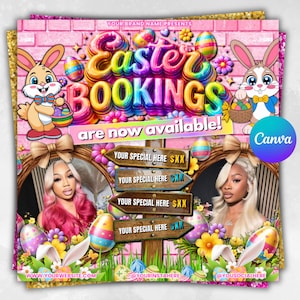 May include: A colorful Easter-themed promotional graphic with the text "Easter Bookings are now available!" and cartoon bunnies. The design includes decorative eggs, flowers, and wooden signposts with text. The Canva logo is visible.
