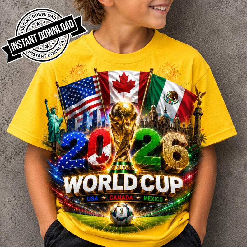 World Cup 2026 USA Canada Mexico Soccer Design Football Fan Shirt PNG FIFA 2026 Trophy Graphic Sublimation Design Digital Download
