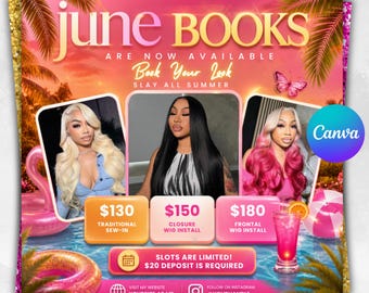June Booking Flyer, Summer Booking Flyer, June Books Open, June Summer Hair Flyer, June Nails Flyer, June Template Social Media Post