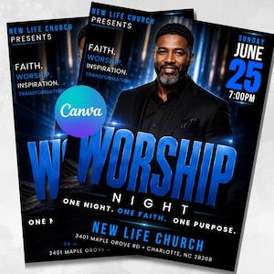 Editable Church Worship Flyer Template for Sunday Service, Gospel Events, Praise & Revival - Modern Canva Design