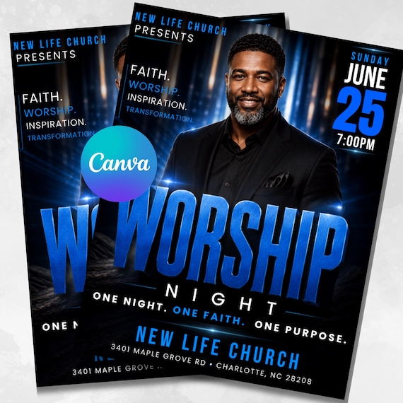 Editable Church Worship Flyer Template for Sunday Service, Gospel Events, Praise & Revival - Modern Canva Design