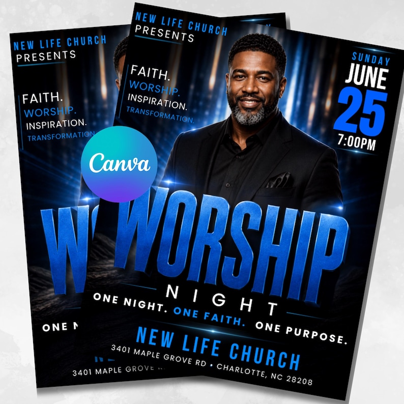 Editable Church Worship Flyer Template for Sunday Service, Gospel Events, Praise & Revival - Modern Canva Design