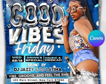 Bewerkbare Good Vibes Friday-feestflyers, PSD-flyers, sjablonen voor nachtclubflyers, DJ- of muziekclubevenementen voor sociale media, bewerkbare canva