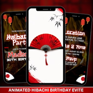 Op de afbeelding: Drie smartphones tonen een digitale verjaardagsuitnodiging met een rode waaier, bamboe-illustraties en rode lantaarns. De tekst bevat "Hibachi Party", "Madison's 30th Birthday", "Location", "Date & Time" en "RSVP" met specifieke details.