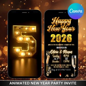 以下が含まれることがあります： 2つのスマートフォンに表示された、アニメーションの新年パーティー招待状。左側の電話には光る数字の5が表示されています。右側の電話には「Happy New Year 2026」とイベントの詳細（日付と時間を含む）が表示されています。