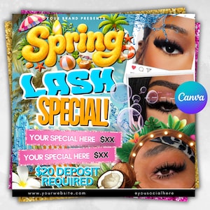 May include: A promotional graphic with a tropical theme, advertising a "Spring Lash Special." The design features the words "Spring" and "Lash Special" in large, colorful fonts, along with images of eyes with long lashes, coconuts, and beach elements.