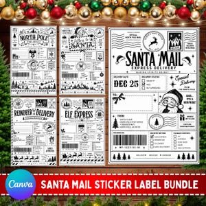 May include: A collection of five black and white printable sticker labels featuring North Pole Post Office, Santa Mail, Reindeer Delivery, and Elf Express themes. Each label includes text, barcodes, checkboxes, and illustrations of Santa, reindeer, and snowy landscapes.