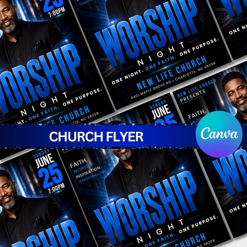Editable Church Worship Flyer Template for Sunday Service, Gospel Events, Praise & Revival - Modern Canva Design