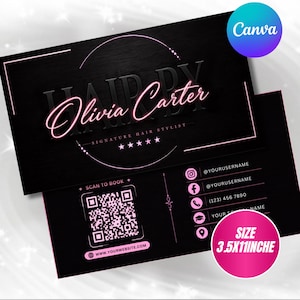 May include: A black business card with a wood grain texture, featuring pink neon-style text that reads Olivia Carter, Signature Hair Stylist. It includes a QR code, social media icons, phone number, and website field. The card measures 3.5x11 inches.