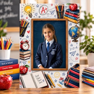 Peut inclure: Un cadre photo rectangulaire en bois contenant le portrait d'un élève en blazer bleu marine et cravate bleue. Le cadre est entouré d'illustrations scolaires dont des crayons, des livres, un globe, un réveil et un carnet avec le texte Good Ideas Start Here.