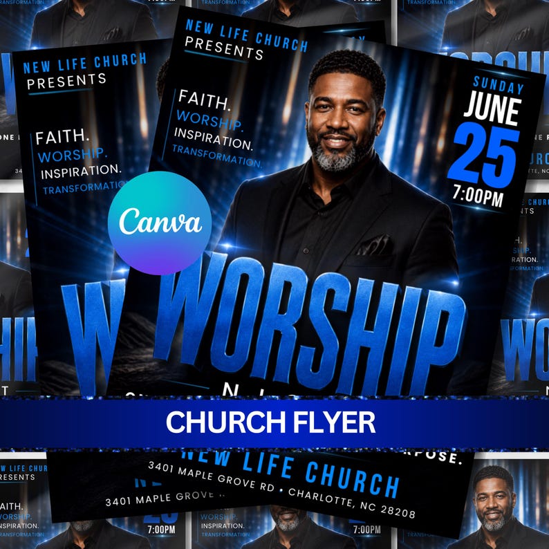 Editable Church Worship Flyer Template for Sunday Service, Gospel Events, Praise & Revival - Modern Canva Design
