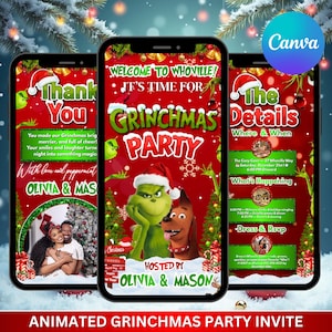 Op de afbeelding: Geanimeerde Grinchmas-feestuitnodiging weergegeven op drie smartphones. De uitnodigingen bevatten de Grinch en Max, met tekst als "Welkom in Whoville!" en "Grinchmas Party". De uitnodigingen zijn rood en groen met kerstthema's.