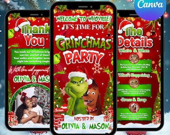 Animated Christmas Dinner Invitation, DIY Template Design, Friendsmas Party Video Invite, Premade Grinch Holiday Festive Celebration Invite