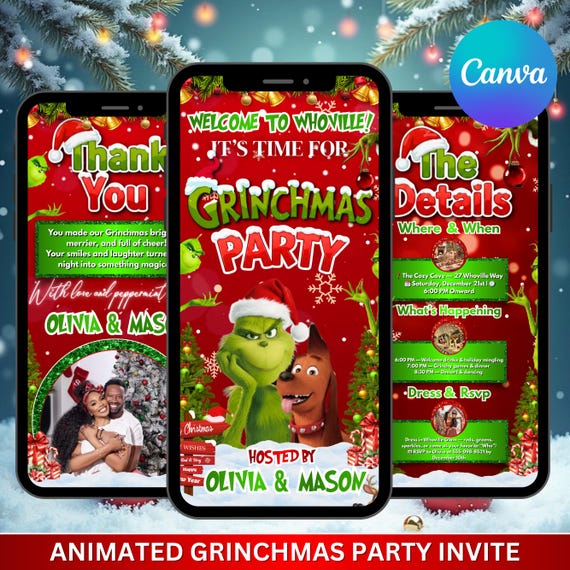 Animated Christmas Dinner Invitation, DIY Template Design, Friendsmas Party Video Invite, Premade Grinch Holiday Festive Celebration Invite