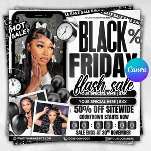 Puede incluir: Anuncio de rebajas flash del Black Friday con imagen de mujer, relojes y globos negros. El texto incluye "Hot Sale", "Black Friday", "Flash Sale" y "50% Off Sitewide". También se muestra un temporizador de cuenta regresiva.