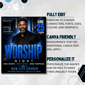 Editable Church Worship Flyer Template for Sunday Service, Gospel Events, Praise & Revival - Modern Canva Design