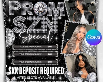 Prom Booking Flyer, Prom Szn Special Flyer, Prom Season Special Deal Flyer, Homecoming Flyer, MUA Lashes Nails Hair Braids wig Flyer, canva
