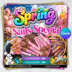 Puede incluir: Gráfico promocional para una oferta especial de uñas de primavera. El diseño presenta la palabra "Spring" en degradado arcoíris y "Nails Special" en rosa. Se muestran imágenes de uñas manicuradas, junto con un conejito, mariposas y una cesta de huevos de Pascua. Se incluyen el sitio web y las redes sociales.