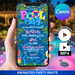 Invito video per festa in piscina, invito animato per compleanno bambini, invito di compleanno con scivolo acquatico, invito video modificabile con Canva, download digitale
