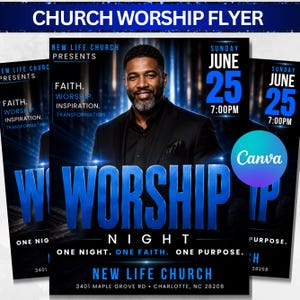 Editable Church Worship Flyer Template for Sunday Service, Gospel Events, Praise & Revival - Modern Canva Design