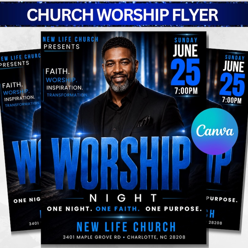Editable Church Worship Flyer Template for Sunday Service, Gospel Events, Praise & Revival - Modern Canva Design