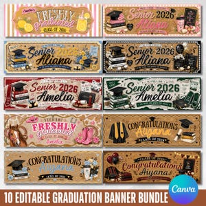 May include: A collection of ten graduation banners with various designs. The banners feature text like "Freshly Graduated," "Senior 2026," and "Congratulations." Each banner has unique graphics, including books, graduation caps, and floral elements. The banners are designed for the class of 2026.