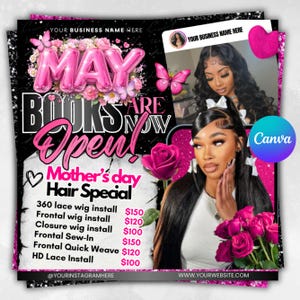 Puede incluir: Gráfico promocional con fondo negro, acentos rosas y el texto "MAY BOOKS ARE NOW Open!" que anuncia una oferta especial para el Día de la Madre. La imagen incluye fotos de mujeres con cabello largo y peinado, rosas rosas y mariposas.