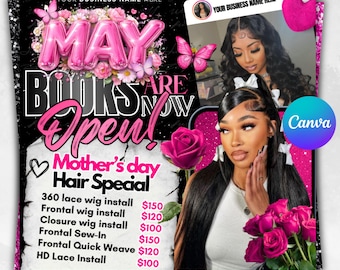 Folleto con calendario de disponibilidad de mayo, ofertas especiales para el Día de la Madre, reservas de mayo ya abiertas, plantilla para redes sociales de reservas de peluquería y pestañas, editable en Canva