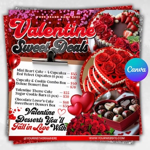 Könnte beinhalten: Eine Valentinstags-Werbegrafik mit roten und silbernen Akzenten. Sie zeigt einen herzförmigen Kuchen, Pralinen und Rosen sowie den Text "Valentine Sweet Deals" und "Valentine Desserts You'll Fall in Love With."