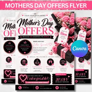 Könnte beinhalten: Ein pinkfarbener und schwarzer Muttertags-Angebotsflyer mit Text und Grafiken. Der Flyer enthält Angebote für Geschenkpakete, Spa-Dienstleistungen, Fotoshootings und Rabatte. Der Flyer zeigt auch rosa Rosen und Geschenkboxen.