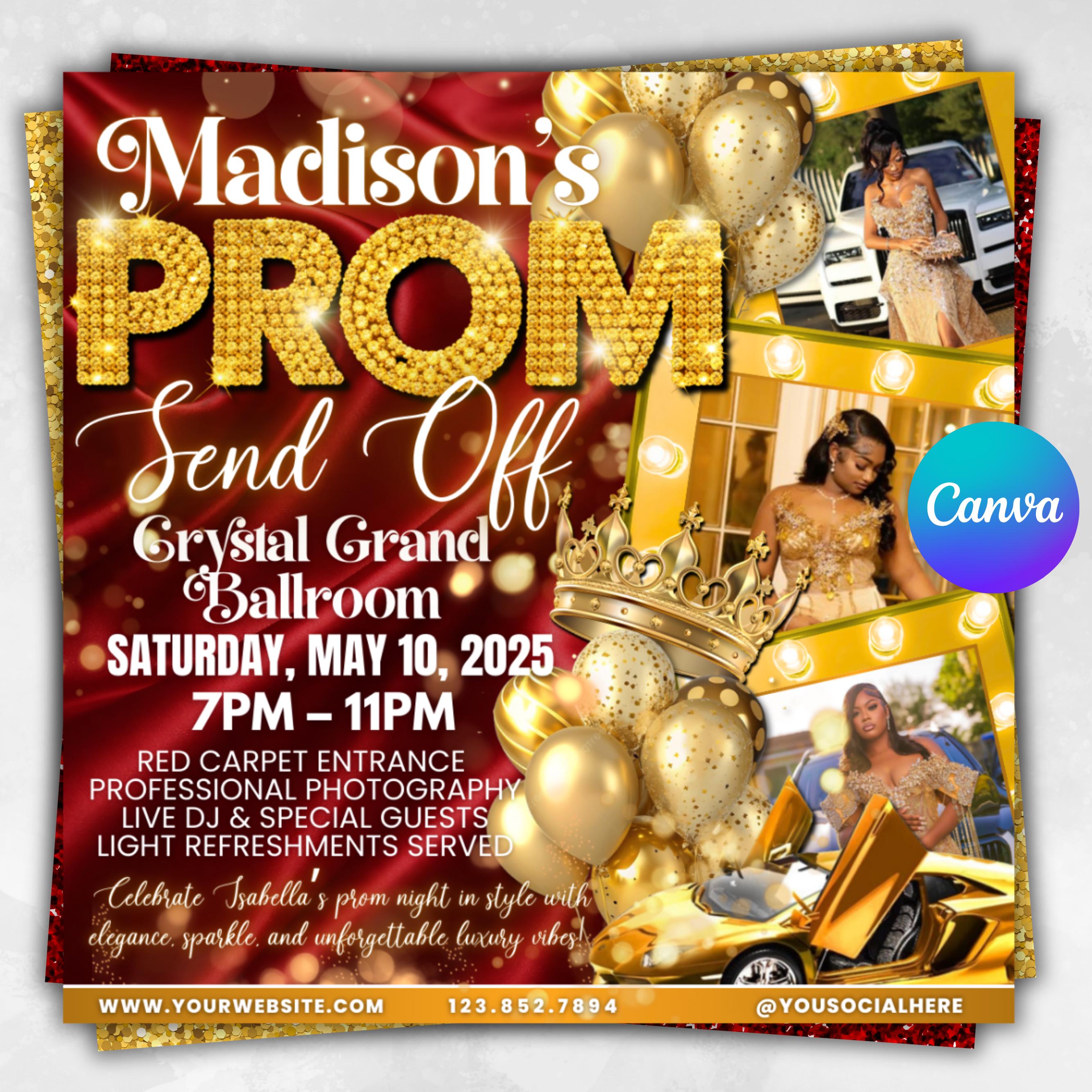 Elegant Prom Send off Flyer, Red & Gold, DIY Prom Flyer, Prom Send Off ...