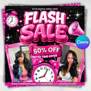 May include: A pink and black promotional graphic with the words "FLASH SALE" in large, bubble letters. The graphic includes a 50% off banner, two women's portraits, alarm clocks, and the text "LIMITED TIME OFFER".