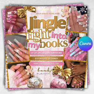 以下が含まれることがあります： 「Jingle right into my books」のテキストが入ったお祝いのプロモーション用グラフィック。ピンクと白の長いデコレーションされたネイルの写真が複数あり、金色のリボンとジンジャーブレッドマンが特徴です。テキストには割引オファーとウェブサイトも含まれています。