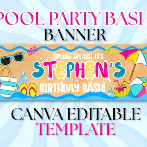 Op de afbeelding: Een rechthoekige banner met een zandkleurige achtergrond en blauwe golvende randen. Het toont de tekst SPLISH SPLASH IT'S STEPHEN'S BIRTHDAY BASH!, omringd door illustraties van een zonnebril, strandtas, slippers, een parasol en een strandbal.