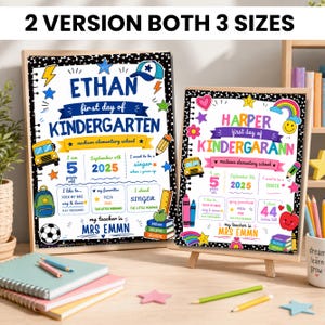 Op de afbeelding: Twee rechthoekige borden voor de eerste dag van de kleuterschool met zwart-witte randen en kleurrijke illustraties van schoolspullen, sterren en sportartikelen. De borden bevatten gepersonaliseerde tekst voor Ethan en Harper met schoolgegevens, data en interesses.