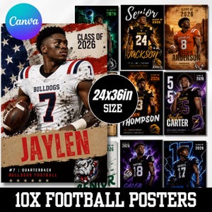 May include: A collection of ten football posters featuring athletes in various team uniforms with the text Class of 2026, names, and positions. The posters measure 24x36 inches and display graphic elements like American flags, fire, and lightning.