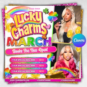 以下が含まれることがあります： カラフルなデザインで「Lucky Charms MARCH」というテキストが入ったプロモーション用グラフィック。虹、金貨、クローバーの画像が特徴です。「Books Are Now Open!」というフレーズも表示されています。