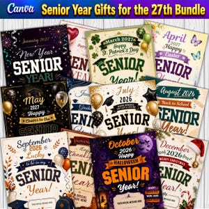 May include: A collection of twelve monthly calendar-style cards titled Senior Year Gifts for the 27th Bundle. Each card features seasonal graphics, balloons, and text for months from January 2027 to December 2026, celebrating the senior year experience.