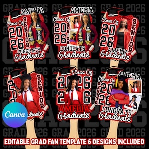 May include: Six graduation fan templates with a red, black, and white color scheme. Each fan features a photo of a graduate, the text "Class Of 2026", and the name "Amelia". The fans are designed for the graduating class of 2026.