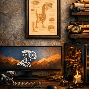 Op de afbeelding: Een steampunk-thema werkruimte met een ingelijste anatomische tekening, een computermonitor met een robotafbeelding en een mechanisch toetsenbord. Een brandende kaars, een inktpot en een decoratief robotmodel dragen bij aan de esthetiek. Het bureau is van donker hout.