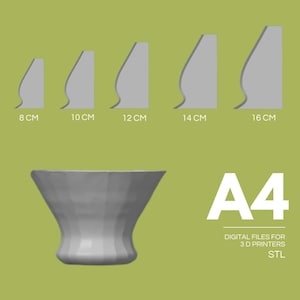 Pode incluir: Um design digital para impressão 3D, apresentando um vaso e cinco perfis laterais de um elemento decorativo, rotulados com alturas de 8 cm a 16 cm. O texto "A4" e "ARQUIVOS DIGITAIS PARA IMPRESSORAS 3D STL" também estão presentes.