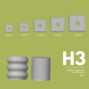 May include: A collection of gray 3D-printed objects against a green background. The image includes five square, notched tools with central holes, labeled 8 cm to 16 cm. Two cylindrical objects are also shown. Text reads "H3 DIGITAL FILES FOR 3 D PRINTERS STL".
