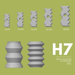May include: A collection of gray, geometric 3D-printed objects, including five saw-tooth shapes ranging from 8 cm to 16 cm in height, and two stacked cylindrical forms. The text "H7" and "DIGITAL FILES FOR 3D PRINTERS STL" are also present.