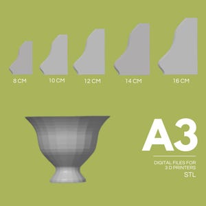 Pode incluir: Imagem digital com um vaso cinza e quatro perfis de molduras arquitetônicas cinzas, rotulados com 8 cm, 10 cm, 12 cm, 14 cm e 16 cm. O texto "A3" e "ARQUIVOS DIGITAIS PARA IMPRESSORAS 3D STL" também estão presentes.