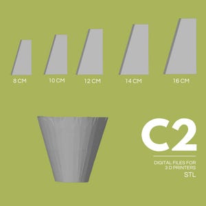 May include: A collection of gray, trapezoid-shaped objects, each labeled with a height in centimeters: 8 cm, 10 cm, 12 cm, 14 cm, and 16 cm. Below, a gray, cone-shaped object is displayed. The text "C2" and "DIGITAL FILES FOR 3D PRINTERS STL" are also present.